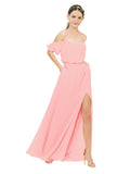 Salmon A-Line Off the Shoulder Sleeveless Long Bridesmaid Dress Kris