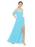 Sky Blue A-Line Off the Shoulder Sleeveless Long Bridesmaid Dress Kris