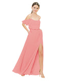 Watermelon A-Line Off the Shoulder Sleeveless Long Bridesmaid Dress Kris