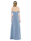 Long Sheath Off the Shoulder, Sweetheart Sleeveless Dusty Blue Chiffon Bridesmaid Dress Desiree