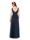 Long Sheath V-Neck Sleeveless Dark Navy Tulle Bridesmaid Dress Renee