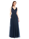 Long Sheath V-Neck Sleeveless Dark Navy Tulle Bridesmaid Dress Renee