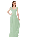 Sage A-Line V-Neck Cap Sleeves Long Bridesmaid Dress Ashleigh