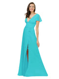 Aqua A-Line V-Neck Cap Sleeves Long Bridesmaid Dress Dayna