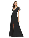 Black A-Line V-Neck Cap Sleeves Long Bridesmaid Dress Dayna