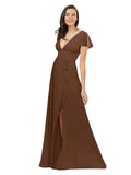 Brown A-Line V-Neck Cap Sleeves Long Bridesmaid Dress Dayna