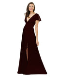 Burgundy Gold A-Line V-Neck Cap Sleeves Long Bridesmaid Dress Dayna