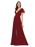 Burgundy A-Line V-Neck Cap Sleeves Long Bridesmaid Dress Dayna