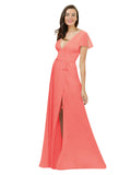 Coral A-Line V-Neck Cap Sleeves Long Bridesmaid Dress Dayna