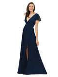 Dark Navy A-Line V-Neck Cap Sleeves Long Bridesmaid Dress Dayna