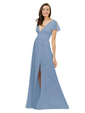 Dusty Blue A-Line V-Neck Cap Sleeves Long Bridesmaid Dress Dayna