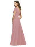 Dusty Pink A-Line V-Neck Cap Sleeves Long Bridesmaid Dress Dayna