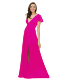 Fuchsia A-Line V-Neck Cap Sleeves Long Bridesmaid Dress Dayna