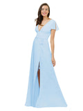 Light Sky Blue A-Line V-Neck Cap Sleeves Long Bridesmaid Dress Dayna