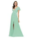 Mint Green A-Line V-Neck Cap Sleeves Long Bridesmaid Dress Dayna