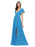 Peacock Blue A-Line V-Neck Cap Sleeves Long Bridesmaid Dress Dayna