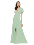 Sage A-Line V-Neck Cap Sleeves Long Bridesmaid Dress Dayna