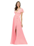 Salmon A-Line V-Neck Cap Sleeves Long Bridesmaid Dress Dayna