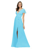 Sky Blue A-Line V-Neck Cap Sleeves Long Bridesmaid Dress Dayna