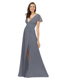 Slate Grey A-Line V-Neck Cap Sleeves Long Bridesmaid Dress Dayna