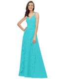 Aqua A-Line Spaghetti Straps V-Neck Sleeveless Long Bridesmaid Dress Cristine