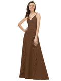 Brown A-Line Spaghetti Straps V-Neck Sleeveless Long Bridesmaid Dress Cristine