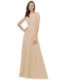 Champagne A-Line Spaghetti Straps V-Neck Sleeveless Long Bridesmaid Dress Cristine