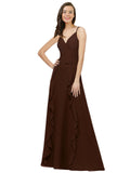 Chocolate A-Line Spaghetti Straps V-Neck Sleeveless Long Bridesmaid Dress Cristine