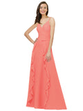 Coral A-Line Spaghetti Straps V-Neck Sleeveless Long Bridesmaid Dress Cristine