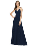 Dark Navy A-Line Spaghetti Straps V-Neck Sleeveless Long Bridesmaid Dress Cristine