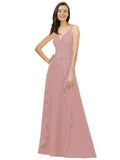 Dusty Pink A-Line Spaghetti Straps V-Neck Sleeveless Long Bridesmaid Dress Cristine