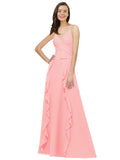 Salmon A-Line Spaghetti Straps V-Neck Sleeveless Long Bridesmaid Dress Cristine