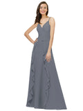 Slate Grey A-Line Spaghetti Straps V-Neck Sleeveless Long Bridesmaid Dress Cristine