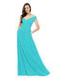 Aqua A-Line Off the Shoulder Sleeveless Long Bridesmaid Dress Jonila