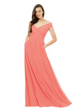 Coral A-Line Off the Shoulder Sleeveless Long Bridesmaid Dress Jonila