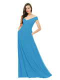 Peacock Blue A-Line Off the Shoulder Sleeveless Long Bridesmaid Dress Jonila