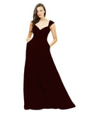 Burgundy Gold A-Line Sweetheart V-Neck Sleeveless Long Bridesmaid Dress Gary