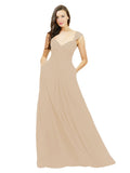 Champagne A-Line Sweetheart V-Neck Sleeveless Long Bridesmaid Dress Gary