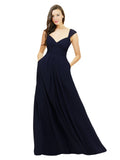 Dark Navy A-Line Sweetheart V-Neck Sleeveless Long Bridesmaid Dress Gary