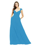 Peacock Blue A-Line Sweetheart V-Neck Sleeveless Long Bridesmaid Dress Gary