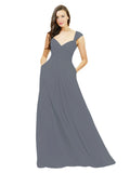 Slate Grey A-Line Sweetheart V-Neck Sleeveless Long Bridesmaid Dress Gary