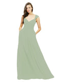 Smoke Green A-Line Sweetheart V-Neck Sleeveless Long Bridesmaid Dress Gary