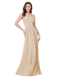 Champagne A-Line Halter Sleeveless Long Bridesmaid Dress Anum