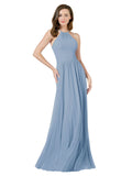 Dusty Blue A-Line Halter Sleeveless Long Bridesmaid Dress Anum