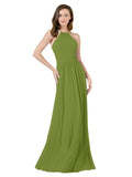 Olive Green A-Line Halter Sleeveless Long Bridesmaid Dress Anum