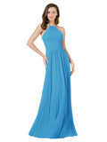 Peacock Blue A-Line Halter Sleeveless Long Bridesmaid Dress Anum