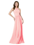 Salmon A-Line Halter Sleeveless Long Bridesmaid Dress Anum