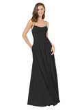 Black A-Line Spaghetti Straps Square Sleeveless Long Bridesmaid Dress Mota