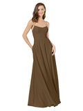 Brown A-Line Spaghetti Straps Square Sleeveless Long Bridesmaid Dress Mota