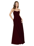 Burgundy Gold A-Line Spaghetti Straps Square Sleeveless Long Bridesmaid Dress Mota